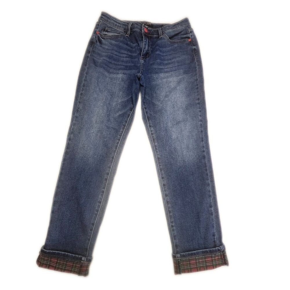 Judy Blue JB88877 Boyfriend Fit, Medium Blue Wash, Plaid Cuffs, 13/31 - Picture 2 of 11